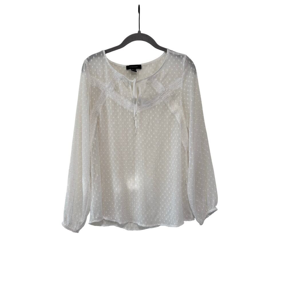 Atmosphere White Swiss Dot Peasant Blouse Lace Tie Neck Long Sleeve Size US 6 - Picture 2 of 7